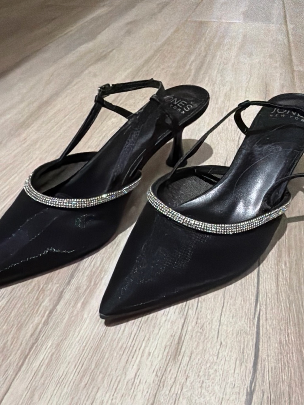 Jones New York Black Pointed Toe Slingback Heels with Crystal Strap
